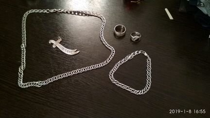 Серебряная цепочка, браслет, кольца, кулон