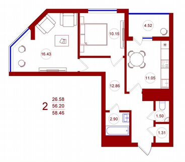 2-к квартира, 58.5 м², 4/16 эт.