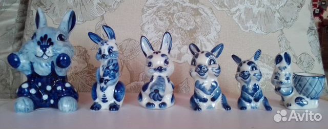 Гжель, статуэтки, Зайчики