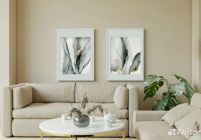 2 серые картины с золотом для интерьера чернилами