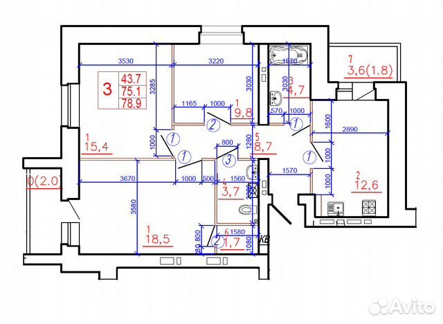 3-к квартира, 78.9 м², 6/10 эт.