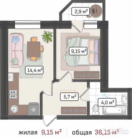 1-к квартира, 36.2 м², 4/5 эт.