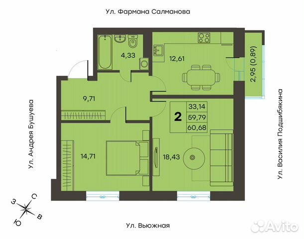 2-к квартира, 60 м², 4/7 эт. 2-к квартира, 60 м², 4/7 эт.