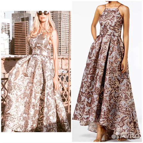 Золотое пышное платье в пол шлейфом как у звёзд S