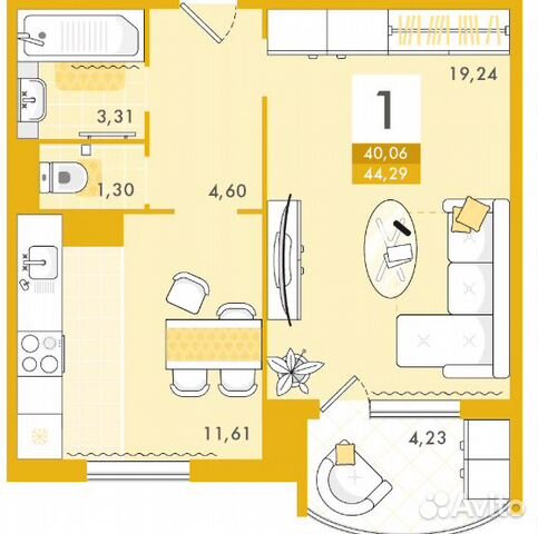 1-к квартира, 44.3 м², 6/10 эт.