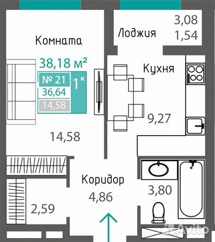 1-к квартира, 38.1 м², 3/8 эт.