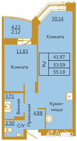 2-к квартира, 55.2 м², 9/18 эт.