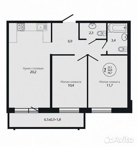 2-к квартира, 56.7 м², 18/19 эт.