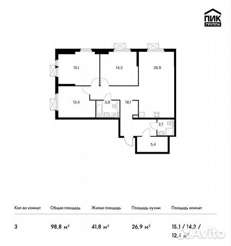 3-к квартира, 98.8 м², 13/31 эт. 3-к квартира, 98.8 м², 13/31 эт.