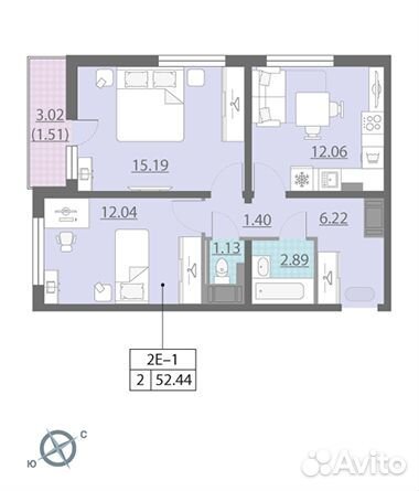 2-к квартира, 52.4 м², 9/13 эт.