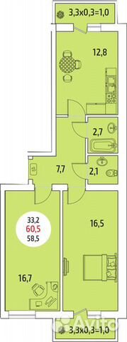 2-к квартира, 60.5 м², 3/5 эт.