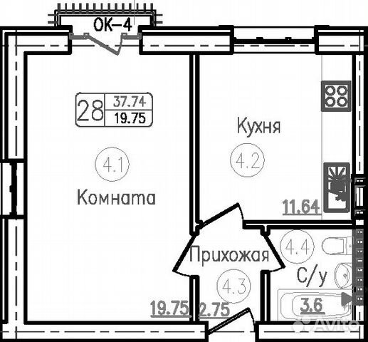 1-к квартира, 37.7 м², 4/5 эт.