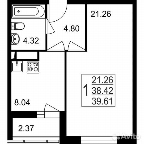 1-к квартира, 39.6 м², 3/8 эт. 1-к квартира, 39.6 м², 3/8 эт.