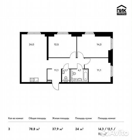 3-к квартира, 78.8 м², 32/33 эт.