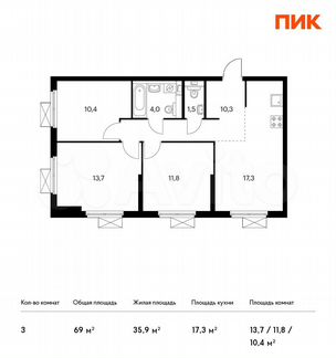 3-к квартира, 69 м², 10/24 эт.