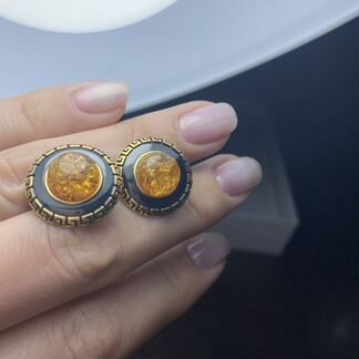 Кольцо и серьги серебро с позолотой. Янтарь