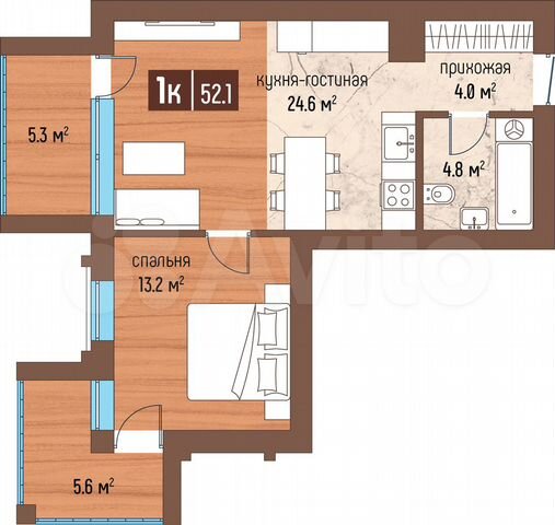 1-к. квартира, 52,1 м², 2/5 эт.