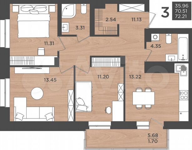3-к. квартира, 72,2 м², 13/24 эт.
