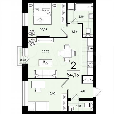 2-к. квартира, 54,1 м², 2/4 эт.