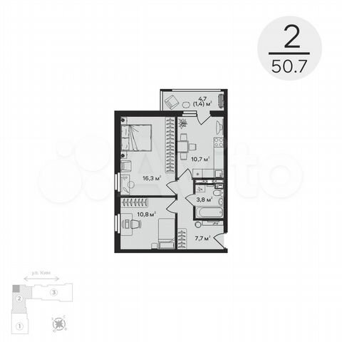 2-к. квартира, 50,7 м², 3/12 эт.