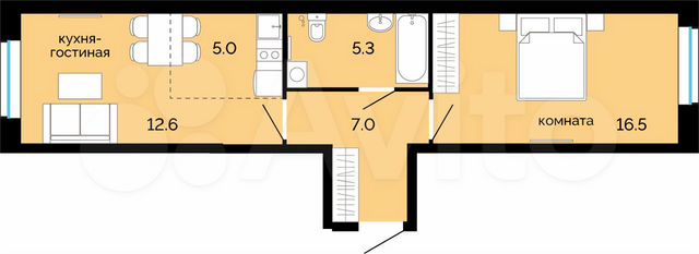 2-к. квартира, 46,4 м², 1/25 эт.