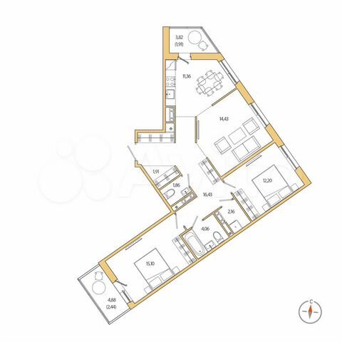 3-к. квартира, 83,9 м², 3/5 эт.