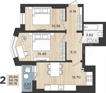 2-к. квартира, 56,2 м², 13/16 эт.