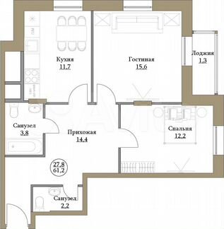 2-к квартира, 61.2 м², 14/17 эт.